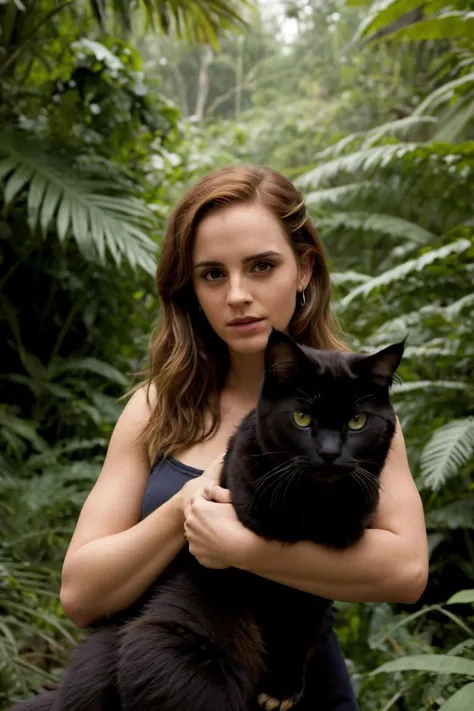 portrait photo of ewt woman , (posing with a huge Cat:1.15), solo, in a jungle
<lyco:Emma2017Dogu:1.0>