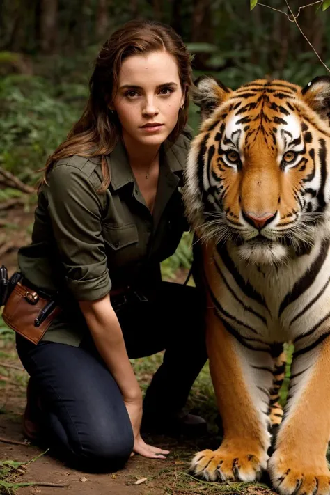 photo of ewt woman , (posing with a Tiger:1.15), solo, in a jungle
<lyco:Emma2017Dogu:1.0>