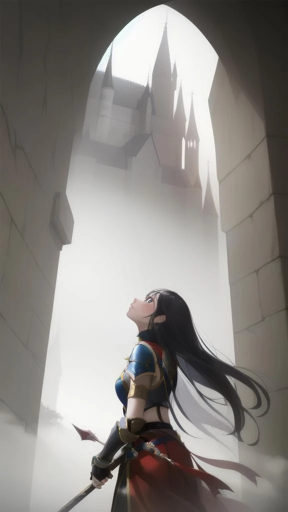 masterpiece,
1girl,
<lora:hazy_background_v1.3:-2.5>,fog,
A female warrior looks up at the castle before entering the demon king's castle.