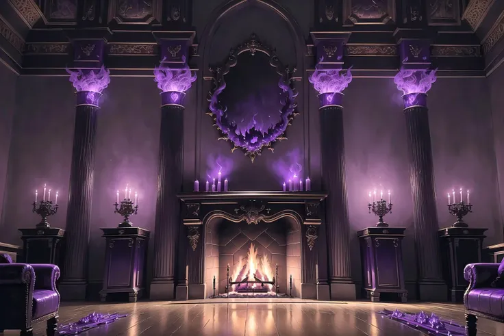 (Grand fireplace with eerie purple flames,Magic mirror,Elaborate sacrificial altar:1.2), (masterpiece, best_quality, ultra-detailed, immaculate:1.3), epic, illustration, dark dungeon, creepy lighting, sense of foreboding