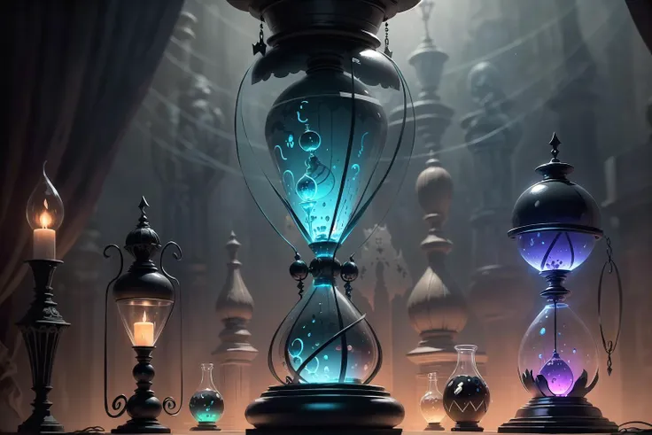 (Bottle of poison,Huge ominous hourglass,Trapped souls in glowing orbs:1.2), (masterpiece, best_quality, ultra-detailed, immaculate:1.3), epic, illustration, dark hall, creepy lighting, sense of foreboding