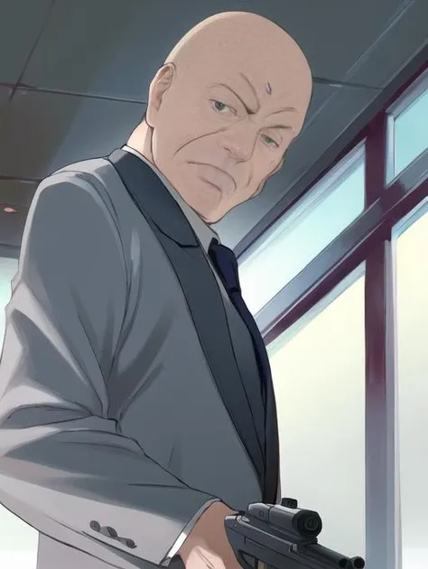 best quality, masterpiece, highres, detailed, <lora:Detail - add_detail:0.2>, 1boy, solo, <lora:Tadokoro-10:0.9>, formal, bald, upper body, tie, suit, grey suit, old man, c-tadokoro, holding gun, playing with gun, from below,