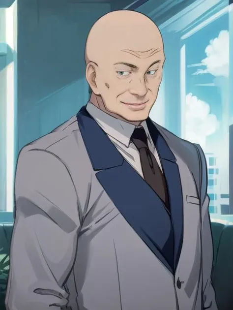 best quality, masterpiece, highres, detailed, <lora:Detail - add_detail:0.2>, 1boy, solo, <lora:Tadokoro-10:0.9>, formal, bald, upper body, tie, suit, grey suit, old man, evil smile, c-tadokoro