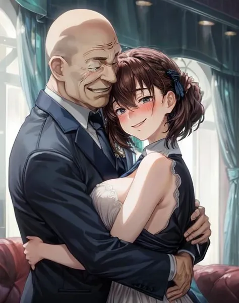 best quality, masterpiece, highres, detailed, <lora:Detail - add_detail:0.2>, 2people, 1boy and 1girl, 1boy, <lora:Tadokoro-10:0.9>, formal, bald, upper body, tie, suit, grey suit, old man, fat, evil smile, hugging a girl, 1girl, girl blushing,