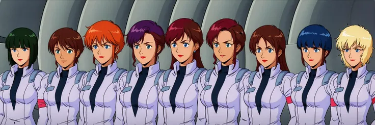 masterpiece,high quality,outdoors,
<lora:shriketeam001:0.7>,looking at viewer,smile,
ADDBASE,9 people,
conyfrancis,1girl,
bob cut,green hair,blue eyes,freckles,lipstick,
turtleneck,pilot suit,arm ribbon,
ADDCOL,9 people,
franchescaohara,1girl,
long hair,orange hair,sidelocks,green eyes,dark skin,
turtleneck,pilot suit,arm ribbon,
ADDCOL,9 people,
helenjackson,1girl,
short hair,orange hair,sidelocks,blue eyes,lipstick,
turtleneck,pilot suit,arm ribbon,
ADDCOL,9 people,
jucameilasch,1girl,
short hair,purple hair,green eyes,lipstick,
turtleneck,green pilot suit,
ADDCOL,9 people,
junkojenko,1girl,
long hair,half-up,wine-red hair,hair ornament,blue eyes,earrings,lipstick,
turtleneck,pilot suit,arm ribbon,
ADDCOL,9 people,
kitebush,1girl,
high ponytail,long hair,red hair,sidelocks,green eyes,dark skin,
turtleneck,pilot suit,arm ribbon,
ADDCOL,9 people,
maheriameril,1girl,
long hair,brown hair,hair between eyes,blue eyes,lipstick,
turtleneck,pilot suit,arm ribbon,
ADDCOL,9 people,
milierakatan,1girl,
short hair,blue hair,blunt bangs,blue eyes,lipstick,
turtleneck,pilot suit,arm ribbon,
ADDCOL,9 people,
pegielee,1girl,
short hair,blonde hair,bangs,blue eyes,lipstick,
black shirt,pilot suit,arm ribbon,