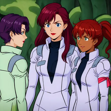 masterpiece,high quality,outdoors,
<lora:shriketeam001:0.7>,looking at viewer,smile,
ADDBASE,3 people,
jucameilasch,1girl,
short hair,purple hair,green eyes,lipstick,
turtleneck,green pilot suit,
ADDCOL,3 people,
junkojenko,1girl,
long hair,half-up,wine-red hair,hair ornament,blue eyes,earrings,lipstick,
turtleneck,pilot suit,arm ribbon,
ADDCOL,3 people,
kitebush,1girl,
high ponytail,long hair,red hair,sidelocks,green eyes,dark skin,
turtleneck,pilot suit,arm ribbon,