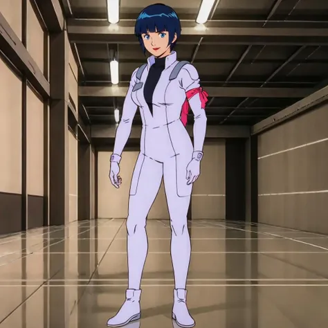 masterpiece,high quality,indoors,
<lora:shriketeam001:0.7>,full body,standing,looking at viewer,smile,
milierakatan,1girl,
short hair,blue hair,blunt bangs,blue eyes,lipstick,
turtleneck,pilot suit,arm ribbon,