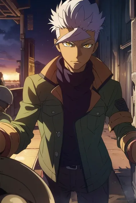 orgaitsuka, <lyco:orgaitsukaLYCORIStest:1>,
orga itsuka, white hair, dark skin, dark-skinned male, (yellow eyes:1.5),
BREAK jacket, pants, scarf, open jacket, green jacket, military uniform,
BREAK looking at viewer,
BREAK outdoors,
BREAK <lora:GoodHands-vanilla:1>, (masterpiece:1.2), best quality, high resolution, unity 8k wallpaper, (illustration:0.8), (beautiful detailed eyes:1.6), extremely detailed face, perfect lighting, extremely detailed CG, (perfect hands, perfect anatomy),