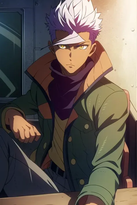 orgaitsuka, <lyco:orgaitsukaLYCORIStest:1>,
orga itsuka, white hair, dark skin, dark-skinned male, (yellow eyes:1.5),
BREAK jacket, pants, scarf, open jacket, green jacket, military uniform,
BREAK looking at viewer,
BREAK outdoors,
BREAK <lora:GoodHands-vanilla:1>, (masterpiece:1.2), best quality, high resolution, unity 8k wallpaper, (illustration:0.8), (beautiful detailed eyes:1.6), extremely detailed face, perfect lighting, extremely detailed CG, (perfect hands, perfect anatomy),