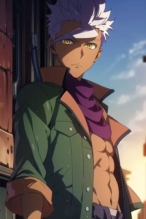 orgaitsuka, <lyco:orgaitsukaLYCORIStest:1>,
orga itsuka, white hair, dark skin, dark-skinned male, (yellow eyes:1.5),
BREAK jacket, pants, scarf, open jacket, green jacket, military uniform,
BREAK looking at viewer,
BREAK outdoors,
BREAK <lora:GoodHands-vanilla:1>, (masterpiece:1.2), best quality, high resolution, unity 8k wallpaper, (illustration:0.8), (beautiful detailed eyes:1.6), extremely detailed face, perfect lighting, extremely detailed CG, (perfect hands, perfect anatomy),