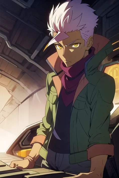 orgaitsuka, <lyco:orgaitsukaLYCORIStest:1>,
orga itsuka, white hair, dark skin, dark-skinned male, (yellow eyes:1.5),
BREAK jacket, pants, scarf, open jacket, green jacket, military uniform,
BREAK looking at viewer,
BREAK outdoors,
BREAK <lora:GoodHands-vanilla:1>, (masterpiece:1.2), best quality, high resolution, unity 8k wallpaper, (illustration:0.8), (beautiful detailed eyes:1.6), extremely detailed face, perfect lighting, extremely detailed CG, (perfect hands, perfect anatomy),