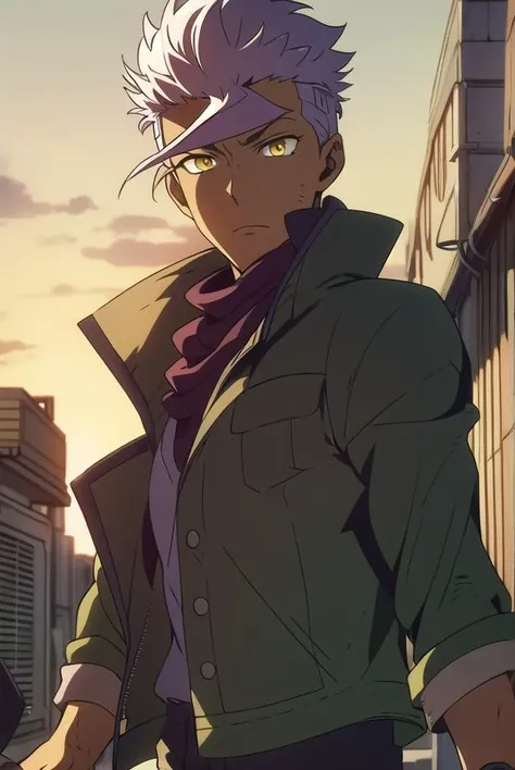 orgaitsuka, <lyco:orgaitsukaLYCORIStest:1>,
orga itsuka, white hair, dark skin, dark-skinned male, (yellow eyes:1.5),
BREAK jacket, pants, scarf, open jacket, green jacket, military uniform,
BREAK looking at viewer,
BREAK outdoors,
BREAK <lora:GoodHands-vanilla:1>, (masterpiece:1.2), best quality, high resolution, unity 8k wallpaper, (illustration:0.8), (beautiful detailed eyes:1.6), extremely detailed face, perfect lighting, extremely detailed CG, (perfect hands, perfect anatomy),