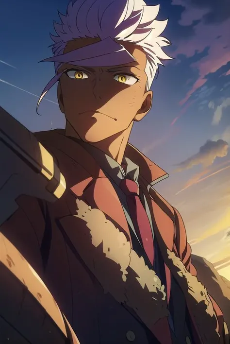 orgaitsuka, <lyco:orgaitsukaLYCORIStest:1>,
orga itsuka, white hair, dark skin, dark-skinned male, (yellow eyes:1.3),
BREAK necktie, formal, suit, (red suit:1.5), (red jacket:1.5), jacket,
BREAK looking at viewer,
BREAK outdoors,
BREAK <lora:GoodHands-vanilla:1>, (masterpiece:1.2), best quality, high resolution, unity 8k wallpaper, (illustration:0.8), (beautiful detailed eyes:1.6), extremely detailed face, perfect lighting, extremely detailed CG, (perfect hands, perfect anatomy),