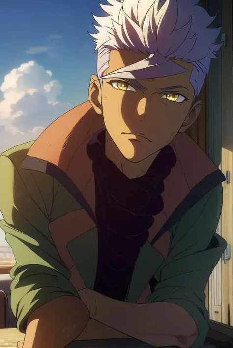 orgaitsuka, <lyco:orgaitsukaLYCORIStest:1>,
orga itsuka, white hair, dark skin, dark-skinned male, (yellow eyes:1.5),
BREAK jacket, pants, scarf, open jacket, green jacket, military uniform,
BREAK looking at viewer,
BREAK outdoors,
BREAK <lora:GoodHands-vanilla:1>, (masterpiece:1.2), best quality, high resolution, unity 8k wallpaper, (illustration:0.8), (beautiful detailed eyes:1.6), extremely detailed face, perfect lighting, extremely detailed CG, (perfect hands, perfect anatomy),