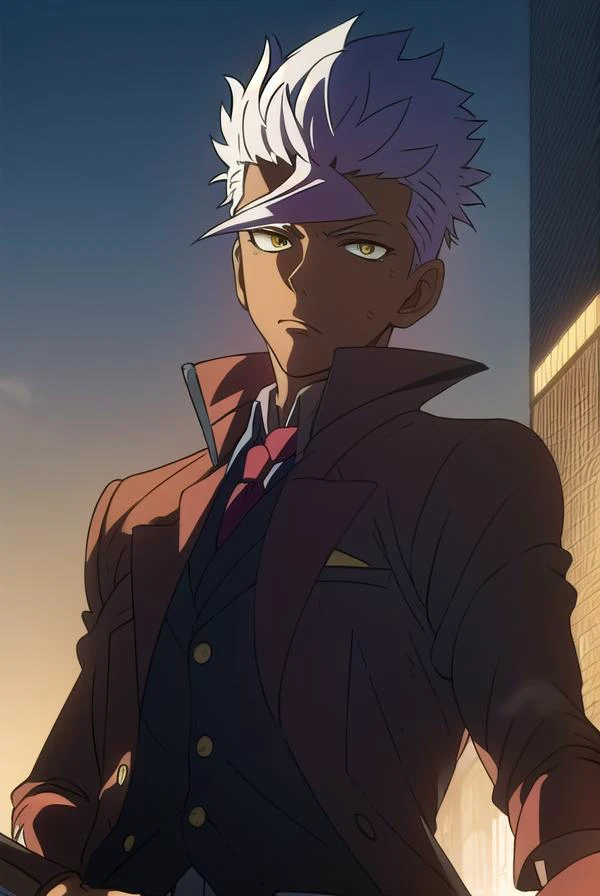 orgaitsuka, <lyco:orgaitsukaLYCORIStest:1>,
orga itsuka, white hair, dark skin, dark-skinned male, (yellow eyes:1.3),
BREAK necktie, formal, suit, (red suit:1.5), (red jacket:1.5), jacket,
BREAK looking at viewer,
BREAK outdoors,
BREAK <lora:GoodHands-vanilla:1>, (masterpiece:1.2), best quality, high resolution, unity 8k wallpaper, (illustration:0.8), (beautiful detailed eyes:1.6), extremely detailed face, perfect lighting, extremely detailed CG, (perfect hands, perfect anatomy),