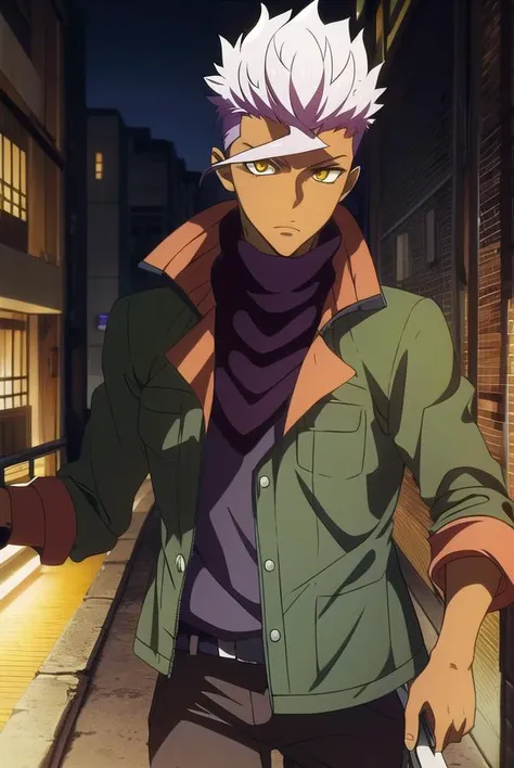 orgaitsuka, <lyco:orgaitsukaLYCORIStest:1>,
orga itsuka, white hair, dark skin, dark-skinned male, (yellow eyes:1.5),
BREAK jacket, pants, scarf, open jacket, green jacket, military uniform,
BREAK looking at viewer,
BREAK outdoors,
BREAK <lora:GoodHands-vanilla:1>, (masterpiece:1.2), best quality, high resolution, unity 8k wallpaper, (illustration:0.8), (beautiful detailed eyes:1.6), extremely detailed face, perfect lighting, extremely detailed CG, (perfect hands, perfect anatomy),