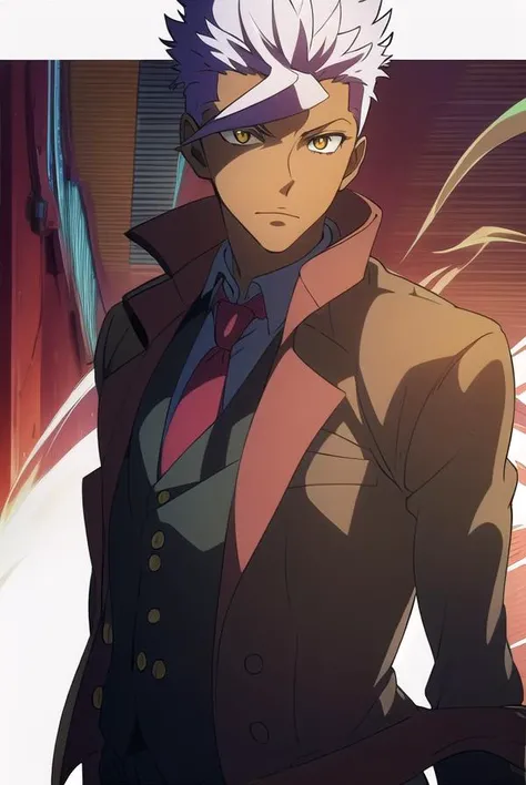 orgaitsuka, <lyco:orgaitsukaLYCORIStest:1>,
orga itsuka, white hair, dark skin, dark-skinned male, (yellow eyes:1.3),
BREAK necktie, formal, suit, (red suit:1.5), (red jacket:1.5), jacket,
BREAK looking at viewer,
BREAK outdoors,
BREAK <lora:GoodHands-vanilla:1>, (masterpiece:1.2), best quality, high resolution, unity 8k wallpaper, (illustration:0.8), (beautiful detailed eyes:1.6), extremely detailed face, perfect lighting, extremely detailed CG, (perfect hands, perfect anatomy),