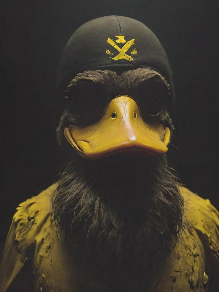 necessary accessory, an evil plotting duck sporting a an epic beard with a laser on its head, villains finest selection, cutting trough the darkness, neon yellow paint , <lora:- SDXL - conrtneo _neon-concrete _V1.0:0.8>, <lora:- SDXL - vntblk_vanta_shapes_V1.0:0.8> <lora:- SDXL - brdanmu_ beard_mustache_V1.0:0.5>