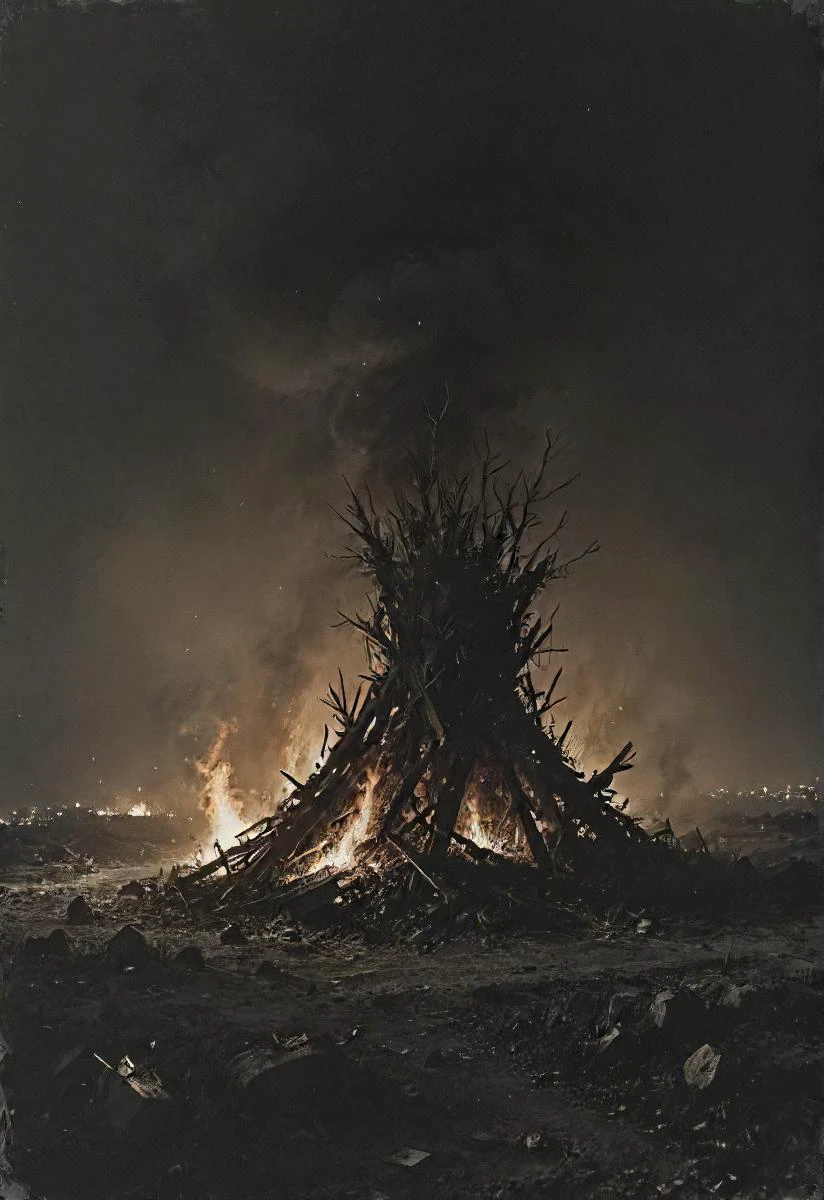 nighttime, dark, wasteland, abandoned bonfire, warzone, detailed , vntblk, black, dark, background, <lora:- SDXL - amredpll_armored_style_V1.0:0.2>, <lora:- SDXL - vntblk_vanta_shapes_V1.0:0.6> <lora:SDXL_feelings_Sa_May:0.4> <lora:Desolation:0.4>, <lora:- SDXL - AI-Breaker_V2.8:0.7>