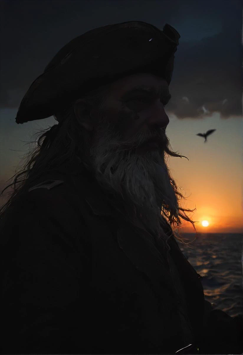 serene pirate, rugged , (messy white beard:1.2), dusk, ocean, whale, windy, ship, dark, calm, slumber incoming, back-light, silhouette, <lora:SDXL - Style - EldritchRomanceIllustration_0.9.1:0.5> <lora:XL_boss_battle:0.2> <lora:- SDXL - vntblk_vanta_shapes_V1.0:0.7> <lora:- SDXL - brdanmu_ beard_mustache_hair_V2.0:0.5>