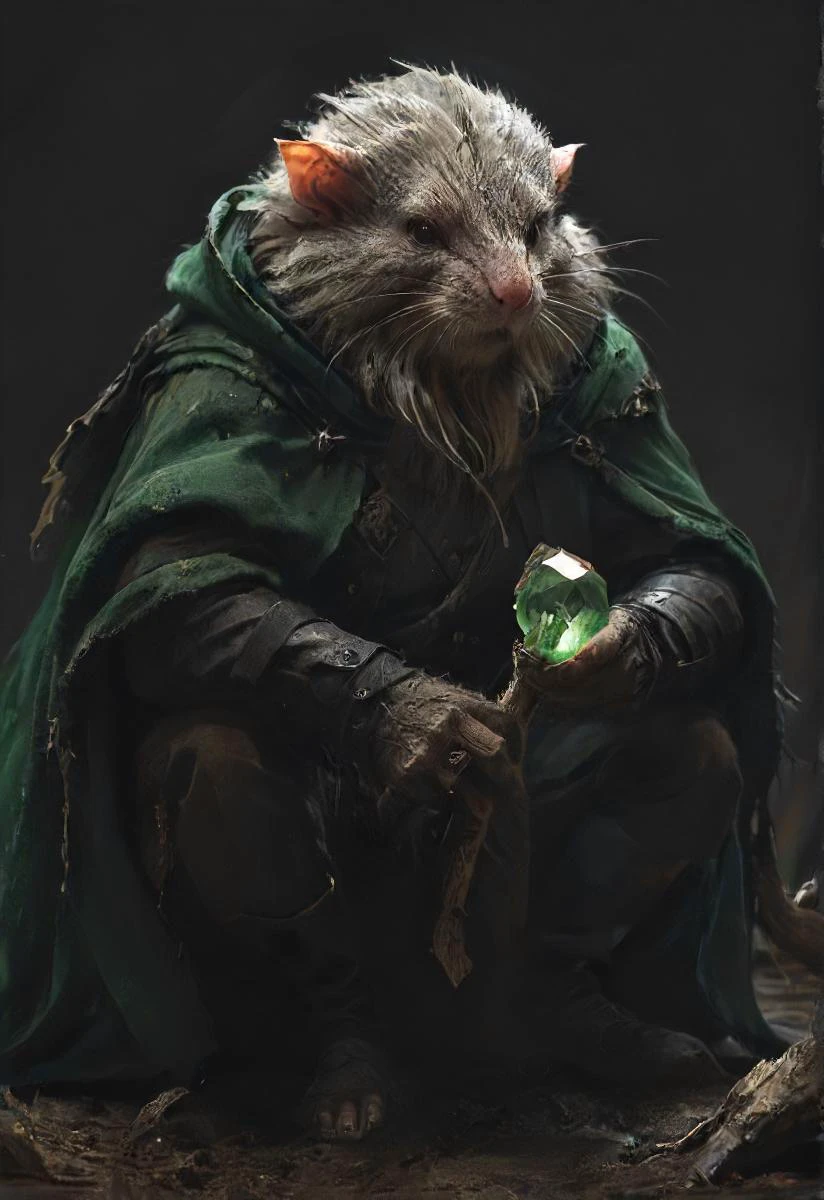 shady wise dynamic sitting wizard rat, battle scars, rugged old (torn hooded:1.2) cloak, (messy white beard:1.2), (staff with a green crystal:1.2), red eyes, dark, green (wasteland:1.3), contagious, (plague ridden:1.1), (vermin, (dark:1.3), nighttime:1.2), (green glow:1.3), monstrous, foreboding, death incoming, <lora:SDXL - Style - EldritchRomanceIllustration_0.9.1:0.5> <lora:XL_boss_battle:0.8> <lora:- SDXL - vntblk_vanta_shapes_V1.0:0.8> <lora:- SDXL - brdanmu_ beard_mustache_hair_V2.0:0.8>