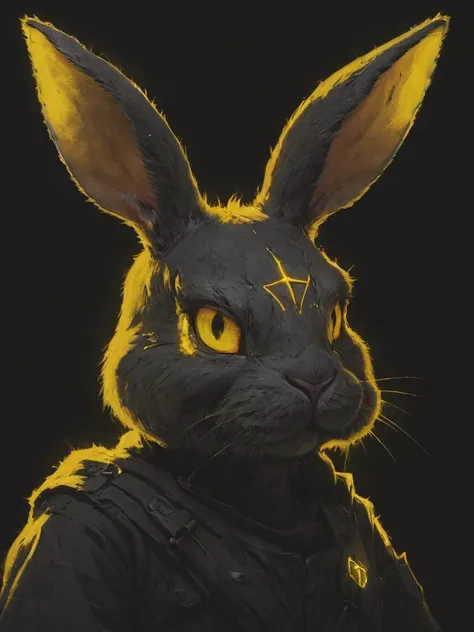 necessary accessory, an evil plotting rabbit with a laser on its head, villains finest selection, cutting trough the darkness, neon yellow paint , <lora:- SDXL - conrtneo _neon-concrete _V1.0:0.8>, <lora:- SDXL - vntblk_vanta_shapes_V1.0:0.8>