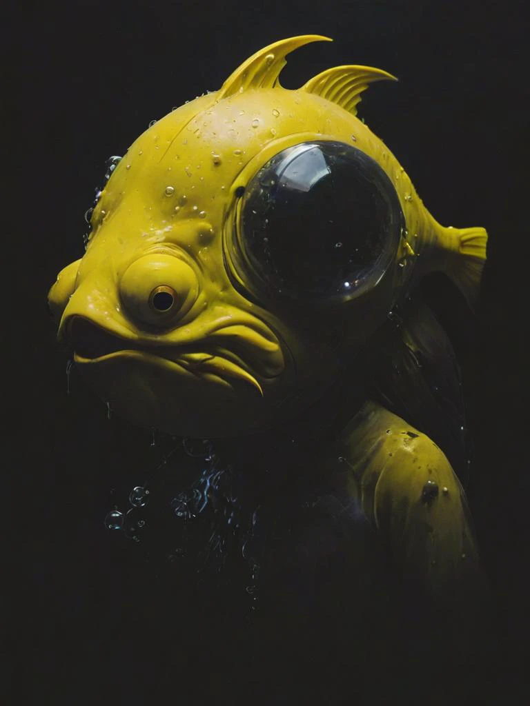 necessary accessory, an evil plotting angler-fish with bubbles on its head, villains finest selection, cutting trough the darkness, neon yellow paint , <lora:- SDXL - conrtneo _neon-concrete _V1.0:0.8>, <lora:- SDXL - vntblk_vanta_shapes_V1.0:1>