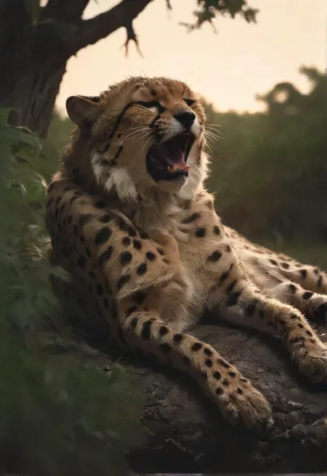 serene sleeping cheetah, rugged , (messy white beard:1.2), dusk, savannah , (trees:1.3), contagious yawn, (fluffy:1.1), feline, dark, calm, slumber incoming, <lora:SDXL - Style - EldritchRomanceIllustration_0.9.1:0.5> <lora:XL_boss_battle:0.2> <lora:- SDXL - vntblk_vanta_shapes_V1.0:0.8> <lora:- SDXL - brdanmu_ beard_mustache_hair_V2.0:0.8>