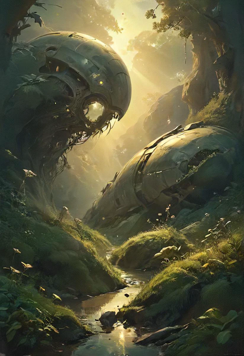 broken empty overgrown old husk of a long forgotten giant space ship cyborg crashed on a futuristic planet long ago, intricate, eerie atmospheric, shadows, dark, low-key, <lora:EldritchRomanceIllustration:0.8> <lora:- SDXL - shrubbery_n_green-stuff_V1.0:0.4> <lora:- SDXL - vntblk_vanta_shapes_V1.0:0.8>