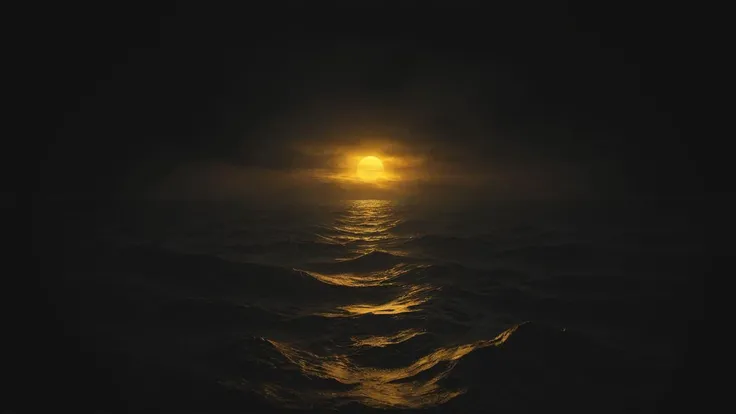 Sauron Golden Eye, in the dark corners of the Ocean waves, dark and depressing atmosphere, loneliness,  <lora:- SDXL - vntblk_vanta_shapes_V1.0:0.7>
