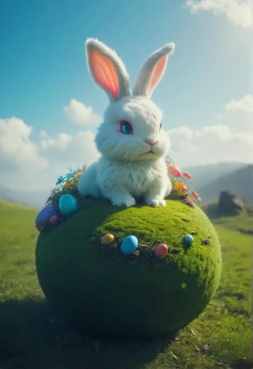 an evil white sinister fluffy easter bunny is dominating a tiny colorful floating (egg-shaped:1.1) planet, easter eggs, grass, <lora:- SDXL - vant_blk_contrast_V2.0:0.8> otclillsn <lora:small-planet-04:0.7>