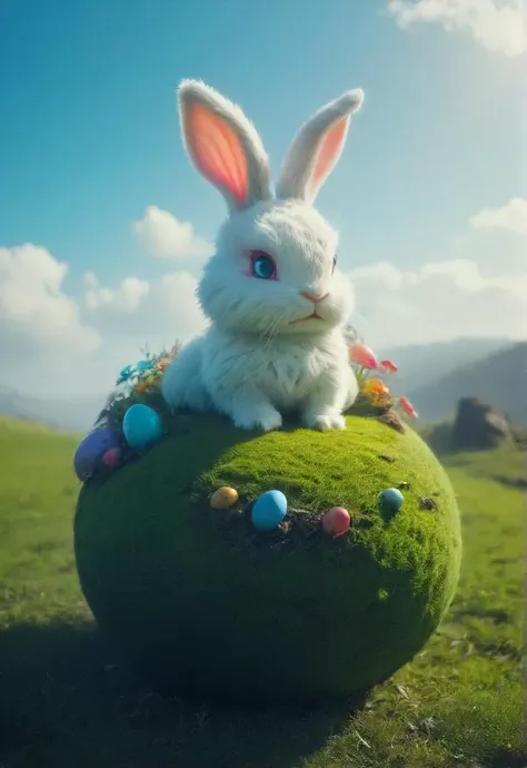 an evil white sinister fluffy easter bunny is dominating a tiny colorful floating (egg-shaped:1.1) planet, easter eggs, grass,  <lora:- SDXL - vant_blk_contrast_V2.0:0.8> otclillsn <lora:small-planet-04:0.7>