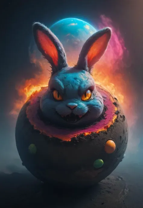 a dark evil sinister smiling easter bunny is dominating a tiny colorful floating (egg-shaped:1.1) planet, <lora:- SDXL - vant_blk_contrast_V2.0:0.8> otclillsn <lora:small-planet-04:0.7>