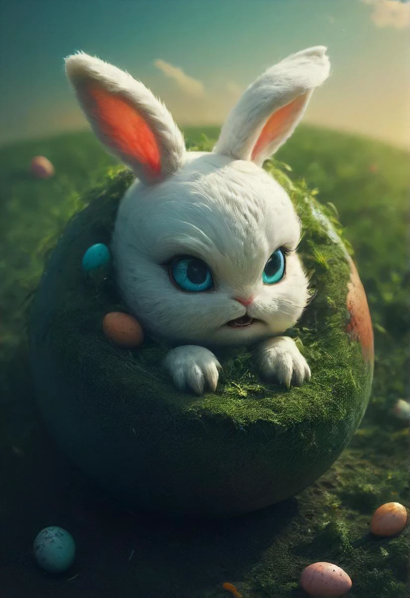 an evil white sinister easter bunny is dominating a tiny colorful floating (egg-shaped:1.1) planet, easter eggs, grass, <lora:- SDXL - vant_blk_contrast_V2.0:0.8> otclillsn <lora:small-planet-04:0.7>