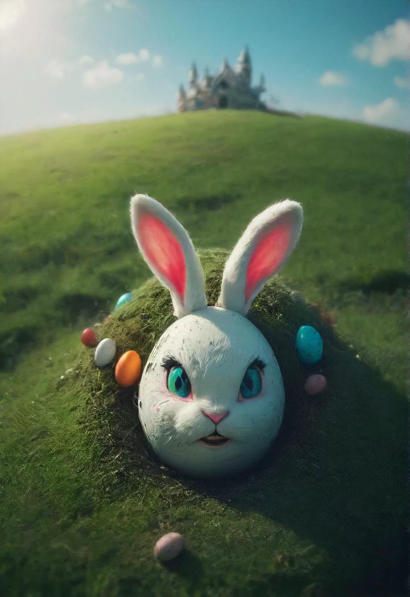 an evil white sinister easter bunny is dominating a tiny colorful floating (egg-shaped:1.1) planet, easter eggs, grass, <lora:- SDXL - vant_blk_contrast_V2.0:0.8> otclillsn <lora:small-planet-04:0.6>