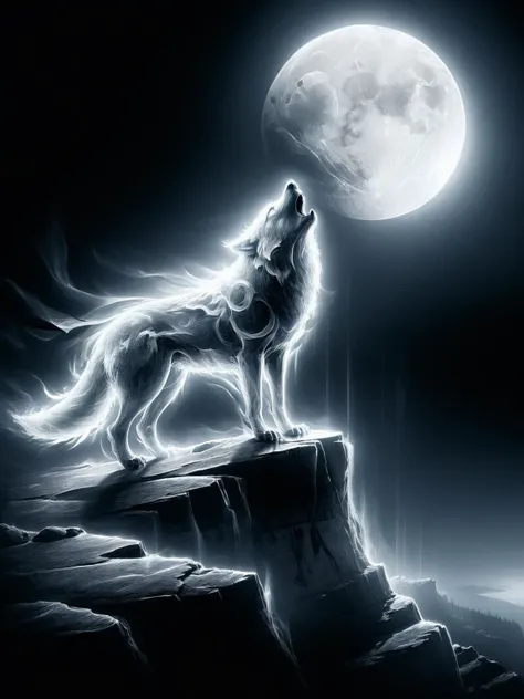 ais-ghostly wolf, stood on the edge of the cliff howling at the moon <lora:Ghostly_Style_SDXL:1>