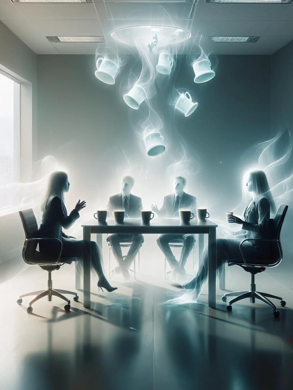 ais-ghostly office workers having a meeting, withais-ghostly coffee cups floating around a haunted conference table <lora:Ghostly_Style_SDXL:1>