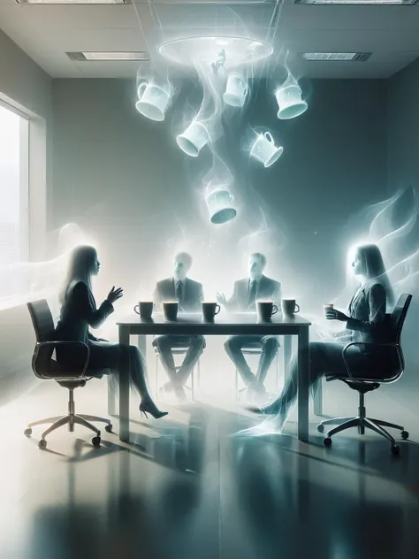 ais-ghostly office workers having a meeting, withais-ghostly coffee cups floating around a haunted conference table <lora:Ghostly_Style_SDXL:1>