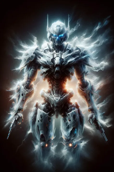 <lora:Ghostly_Style_SDXL:1>,ais-ghostly,
Concept art,game characters,CG,epic,atmospheric,futuristic,sci-fi,digital art,extreme detail,masterpiece,black,matte,trending on artstation,Film lens,studio lighting,professional photography,film scenes,unreal engine,octane render,surface reflections,epic battlefields,
(A warrior in futuristic armor:1.5),in the style of an X-ray,(looking at viewer:1.2),Raising the assault rifle to the chest with the right hand,(muzzle pointing upwards:1.2),(A huge four-legged mech:1.5),it has stout legs and gun empositions that give a sense of power and intimidation. At the same time,its body part is also equipped with missile launchers and other weapons,standing behind the warrior,<lora:- SDXL - almstinv_almost_inv_V1.0:0.6>,almstinv,<lora:ral-dissolve:0.8>, ral-dissolve,
