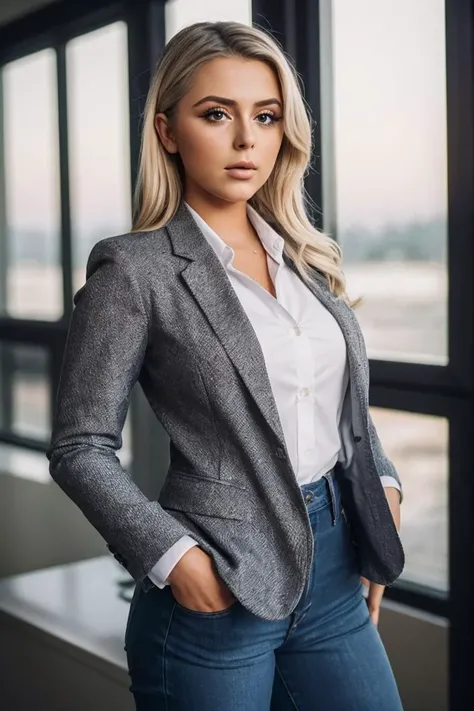 photo of AshlynSh4rp_HM-135, a woman, perfect hair, (modern photo), wearing blazer, button-up, slacks, 85mm medium telephoto (analog, cinematic, film grain:1.3), Genetic Lab, Cutting-edge lab with DNA manipulation, incubation chambers, and genetically modified organisms., detailed eyes, professional pose, (epiCPhoto), (looking at viewer:1.1), (cinematic shot:1.3), (natural style lighting), OverallDetail, SkinHairDetail