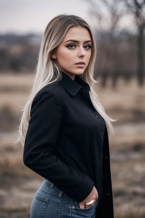 photo of AshlynSh4rp_HM-135, a woman, perfect hair, (modern photo), wearing black jeans, black button-up shirt, wool coat, 85mm short telephoto (analog, cinematic, film grain:1.3), Post-Apocalyptic Wasteland, Desolate landscape with crumbling structures, overgrown flora, and polluted sky., detailed eyes, professional pose, (epiCPhoto), (looking at viewer:1.1), (cinematic shot:1.3), (hard style lighting), OverallDetail, SkinHairDetail
