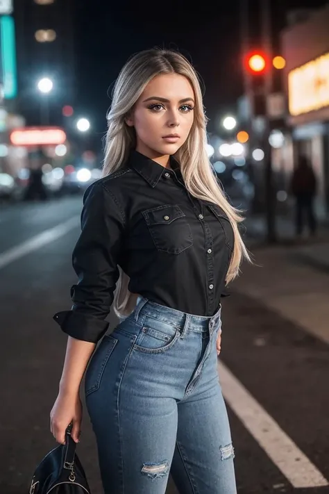 photo of AshlynSh4rp_HM-135, a woman, perfect hair, (modern photo), wearing long sleeve button-up shirt and jeans, 28mm medium telephoto (analog, cinematic, film grain:1.3), Dystopian Slums, Gritty urban setting with rundown buildings, neon lights, scavengers, and surveillance systems., detailed eyes, professional pose, (epiCPhoto), (looking at viewer:1.1), (cinematic shot:1.3), (soft style lighting), OverallDetail, SkinHairDetail