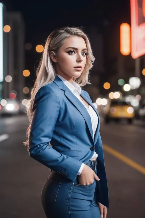 photo of AshlynSh4rp_HM-135, a woman, perfect hair, (modern photo), wearing blazer, button-up, slacks, 85mm short telephoto (analog, cinematic, film grain:1.3), AR City, Augmented reality city with interactive holograms, virtual storefronts, and immersive digital ads., detailed eyes, professional pose, (epiCPhoto), (looking at viewer:1.1), (cinematic shot:1.3), (butterfly style lighting), OverallDetail, SkinHairDetail
