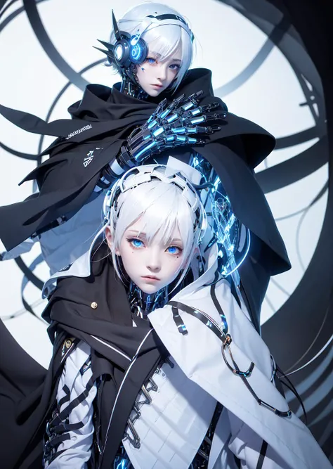 futobot, cyborg, 1woman, white hair, blue eyes, ((sharp eyes:1.2))cloak <lora:Futuristicbot4:0.75>