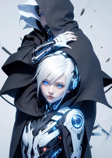 futobot, cyborg, 1woman, white hair, blue eyes, ((sharp eyes:1.2))cloak <lora:Futuristicbot4:0.75>