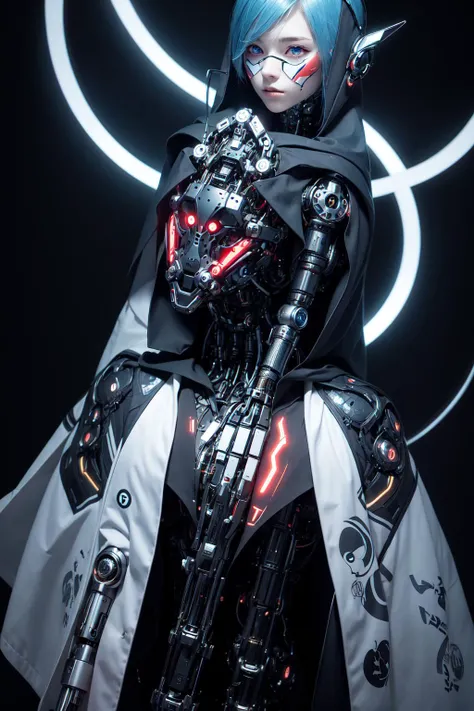 futobot, cyborg, 1woman, blue hair, red eyes, cyborg mask, robotic mask, robotic eyes, ((sharp eyes:1.2))cloak <lora:Futuristicbot4:0.6>