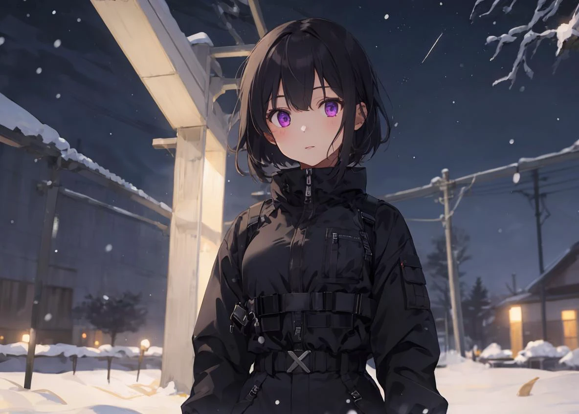 1girl, solo,,sharp focus ,mature woman, detailed background, winter, snow falling, snow flakes, night time, starry sky, , (masterpiece),8k, hires, mature woman , black hair, short hair, depth of field, RTX, bokeh,detailed skin, light particles, highres, high waisted pants, high waist, facing viewer, 1girl, future, black clothing, outfit, dark purple eyes, windbreaker, tech clothing, futuristic clothing, utility, big hips, ,tactical vest, tactical, straps, <lora:Futuristicbot4:0.4> <lora:add_details:1> <lora:urbansamuraiv3testing:0.3>