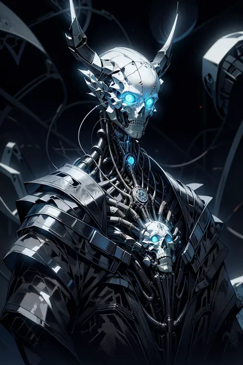 (masterpiece:1.1), (best quality:1.1), (intricate:1.1), (detailed:1.1), (ornate:1.1), (aesthetic:1.1), (vibrant colors:1.2),BREAK,
(science fiction:1.1), (biopunk:1.1), (horror:1.1), (dark:1.1), (blue theme:1.1), (glowing:1.1), (reflections:1.0), (metallic:1.0), BREAK,
(portrait:1.0), (solo:1.1), (upper body:1.0), (1boy:1.0), (cyborg:1.1), (skull face:1.1), (bald:1.0), (horns:1.1), (mechanical limbs:1.1), (wide shoulders:1.0), (strong:1.0), <lora:Futuristicbot4:0.8>