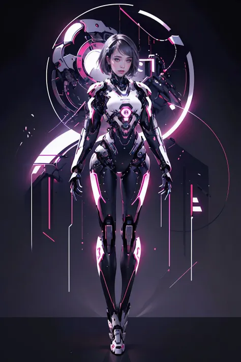best quality, masterpiece, illustration, masterpiece, realistic, photorealistic, 1girl, solo, full body, skinny, medium breasts, long legs, short hair, (Blank background:1.3), grey background, Mechanical body, cyborg, <lora:dragon ear_20230623155318:0.6>, <lora:Futuristicbotv.2:0.7> <lora:Neno:0.7> neon_lights
