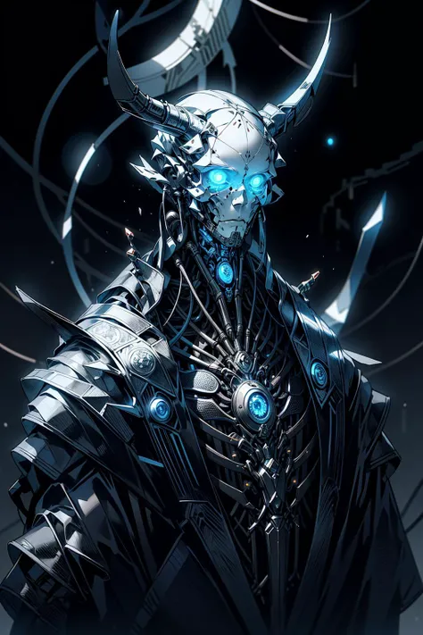 (masterpiece:1.1), (best quality:1.1), (intricate:1.1), (detailed:1.1), (ornate:1.1), (aesthetic:1.1), (vibrant colors:1.2),BREAK,
(science fiction:1.1), (biopunk:1.1), (horror:1.1), (dark:1.1), (blue theme:1.1), (glowing:1.1), (reflections:1.0), (metallic:1.0), BREAK,
(portrait:1.0), (solo:1.1), (upper body:1.0), (1boy:1.0), (cyborg:1.1), (skull face:1.1), (bald:1.0), (horns:1.1), (mechanical limbs:1.1), (wide shoulders:1.0), (strong:1.0), <lora:Futuristicbot4:0.8>